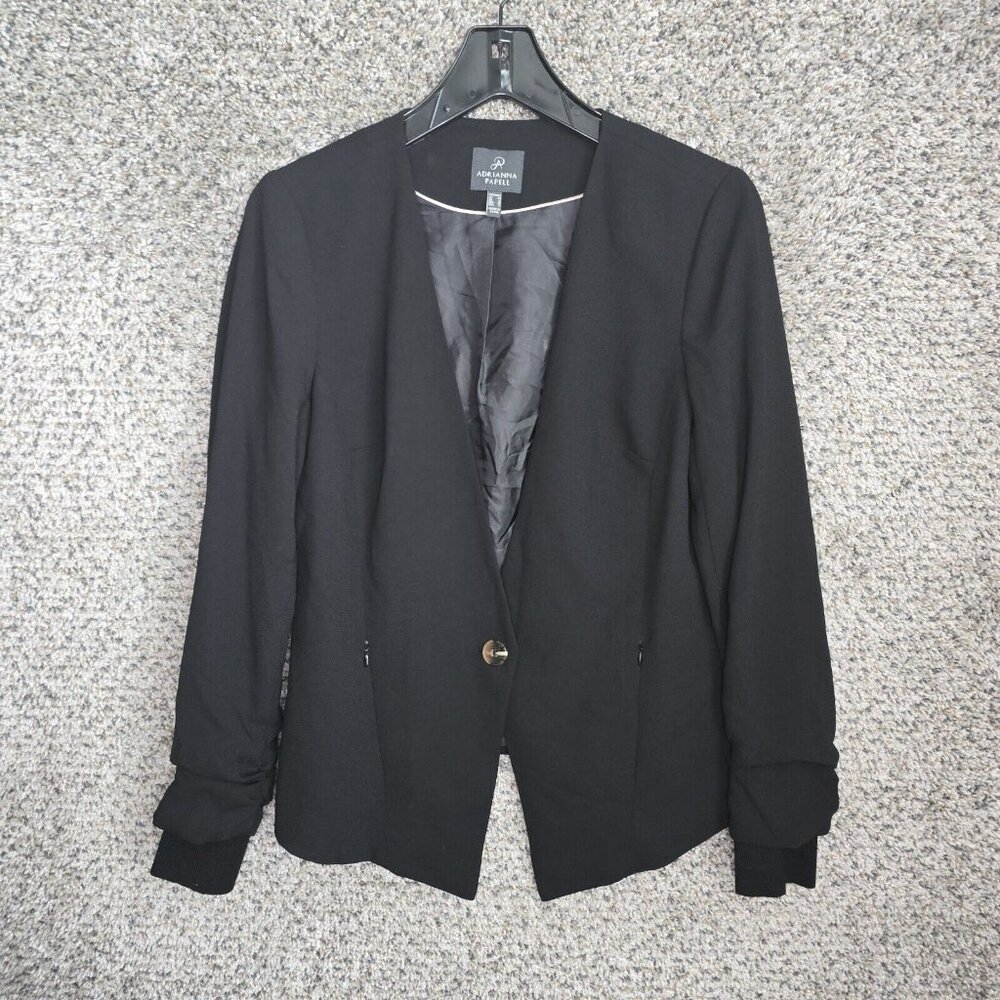 Adrianna Papell‎ Blazer Womens 8 Black Single Button Career Formal Ruched Sleeve